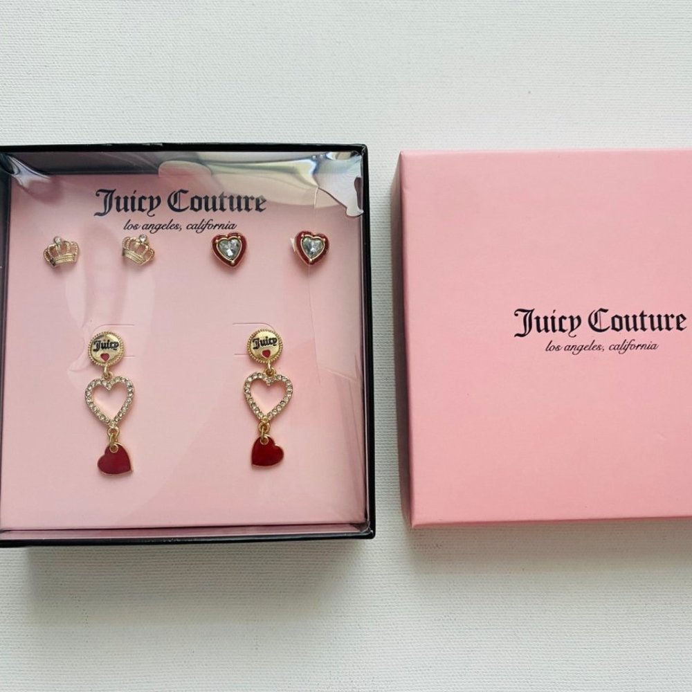 Juicy Couture Set of 3 Earrings ~ Crown & Heart Studs / Dangle